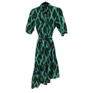 Scoop Green Ikat Ruffle Hem Shirt Dress Belted Pockets XS SS-1180B